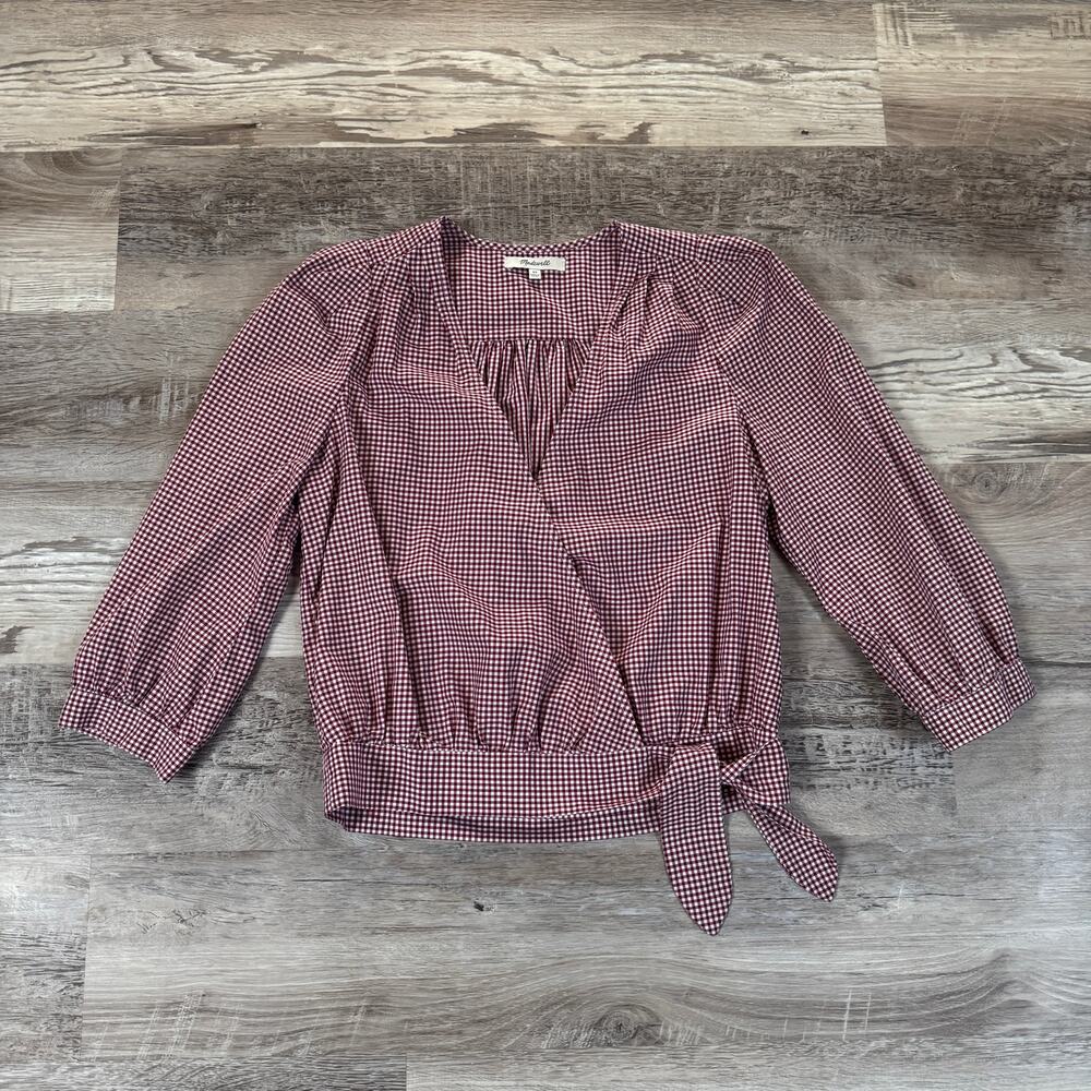 Madewell Wrap Top Gingham Rusty Burgundy Cotton Side Tie 70s Cottagecore Fall XS